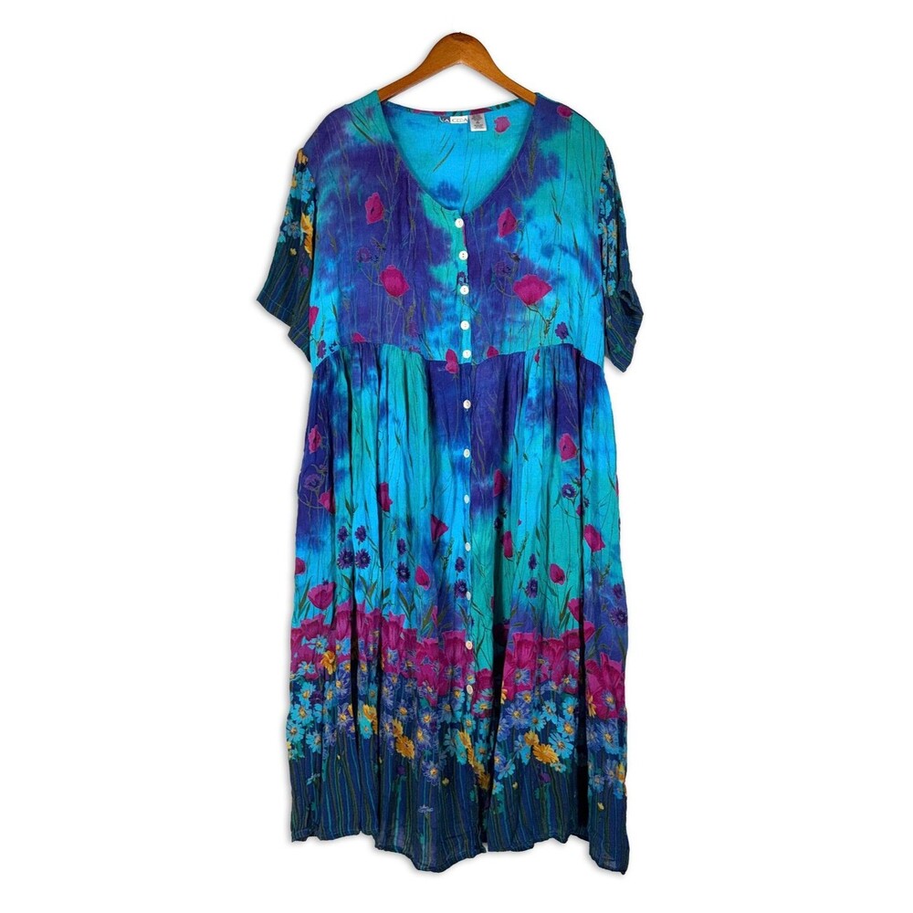 La Cera Floral Maxi Dress Blue Boho Rayon Button Front Summer Vacation 2X